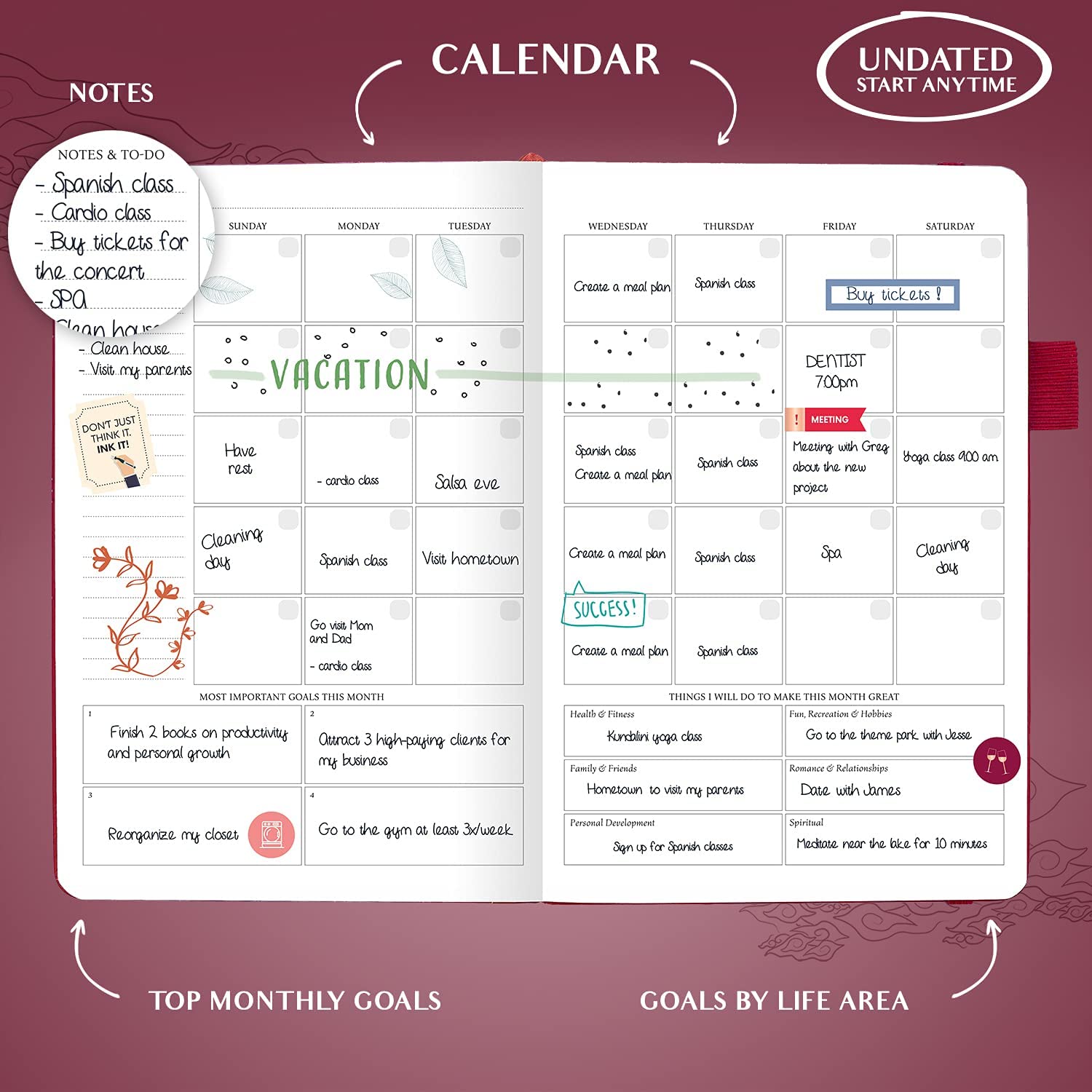 Legend Planner – Deluxe Weekly & Monthly Life Planner to Hit Your Goals & Live Happier. Organizer Notebook & Productivity Journal. A5 Hardcover, Undated – Start Any Time + Stickers – Hot Pink Gold - Image 4